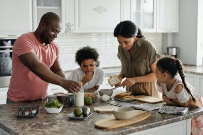Making breakfast in the kitchen. Family health and fitness