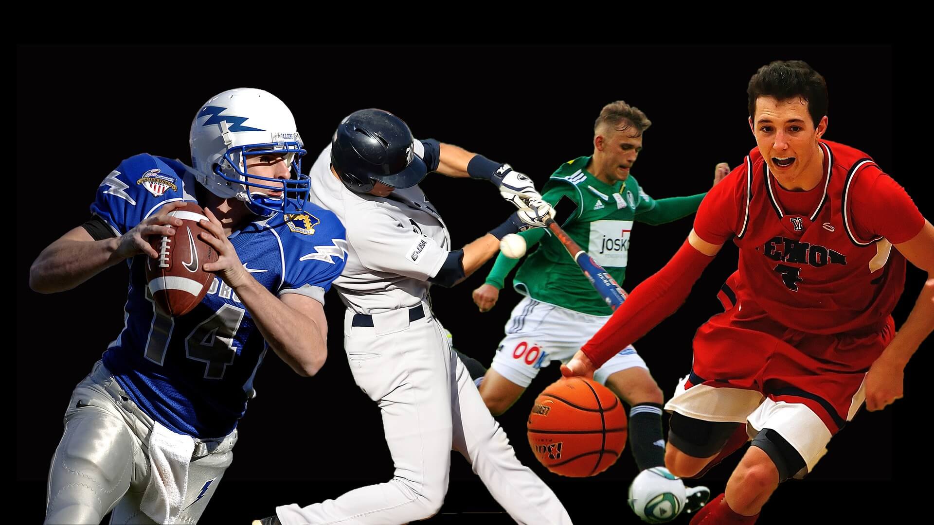 Various sports men depicting basketball, football, baseball, and soccer